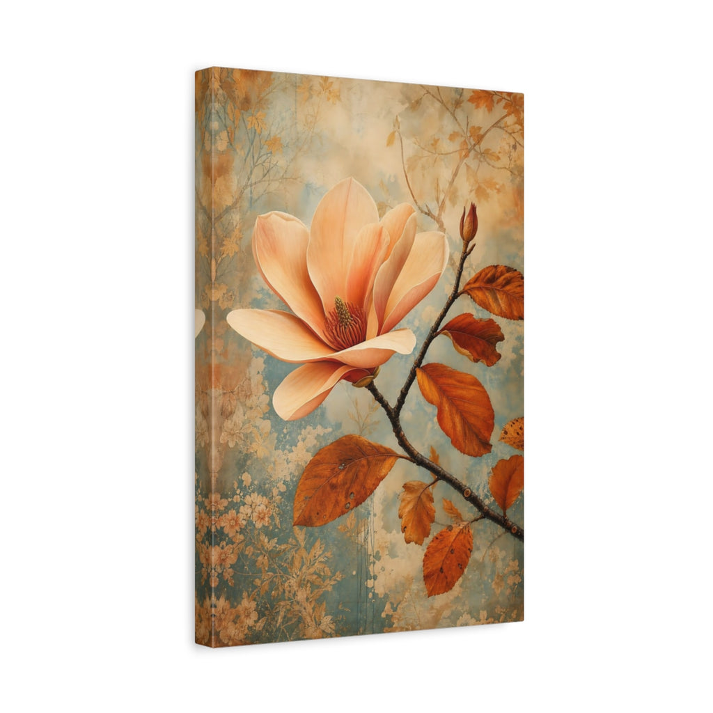 Side Mockup 4. Floral Magnolia Flower Peach And Blue shown as stretched canvas wall art