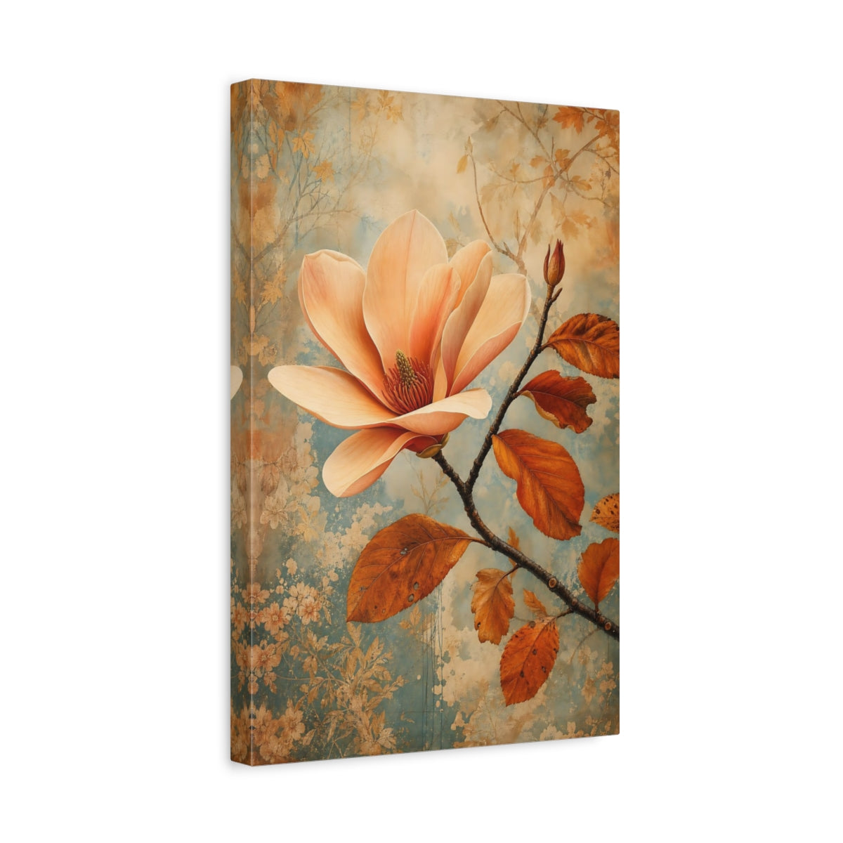 Side Mockup 4. Floral Magnolia Flower Peach And Blue shown as stretched canvas wall art