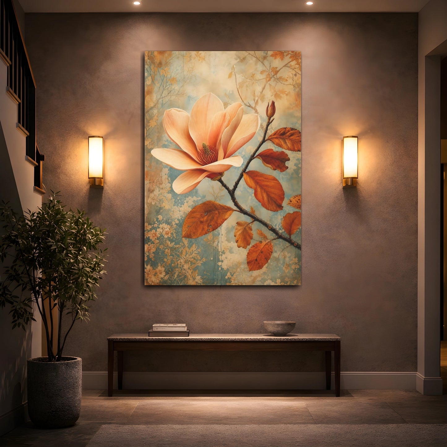 Mockup 2. Floral Magnolia Flower Peach And Blue shown as stretched canvas wall art