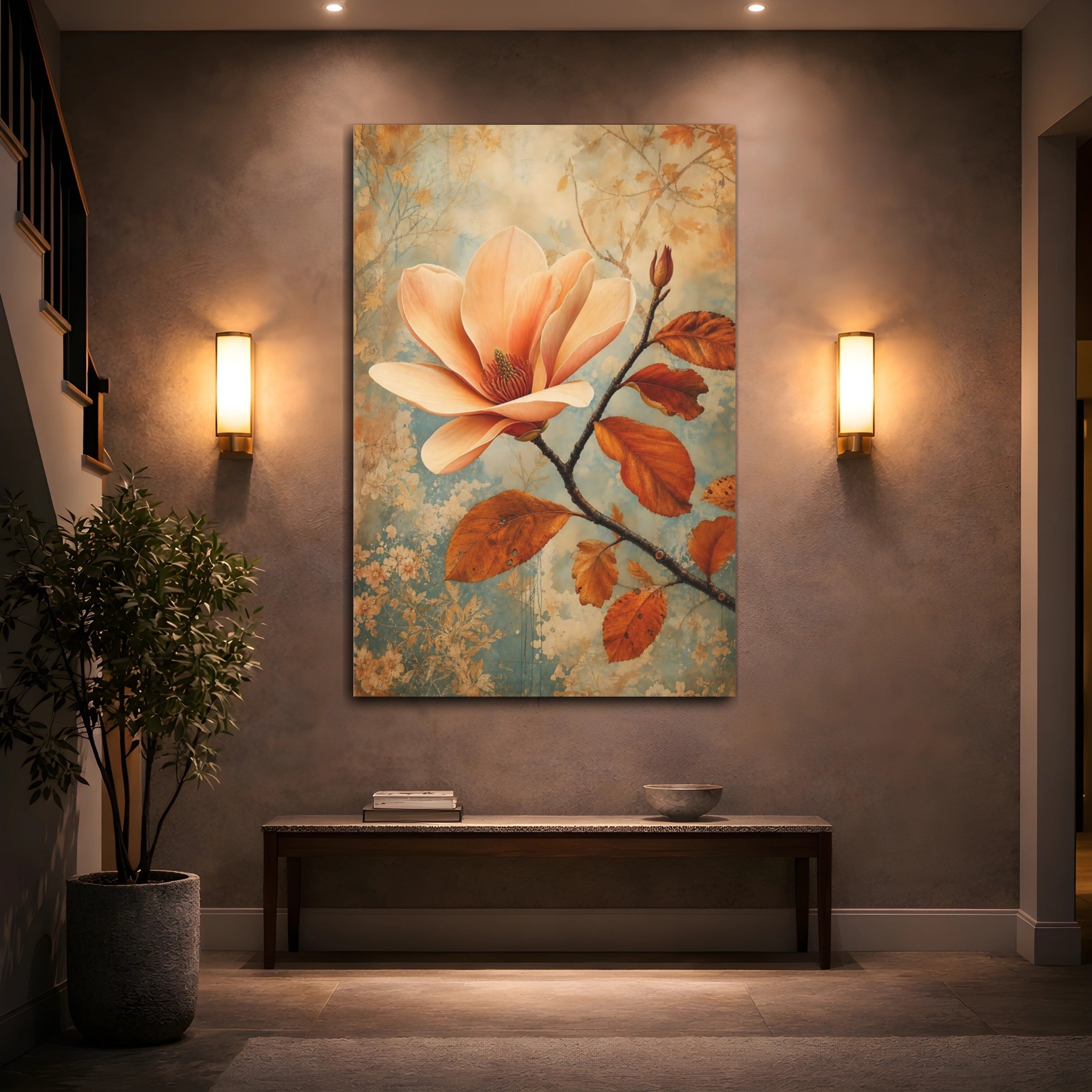 Mockup 2. Floral Magnolia Flower Peach And Blue shown as stretched canvas wall art