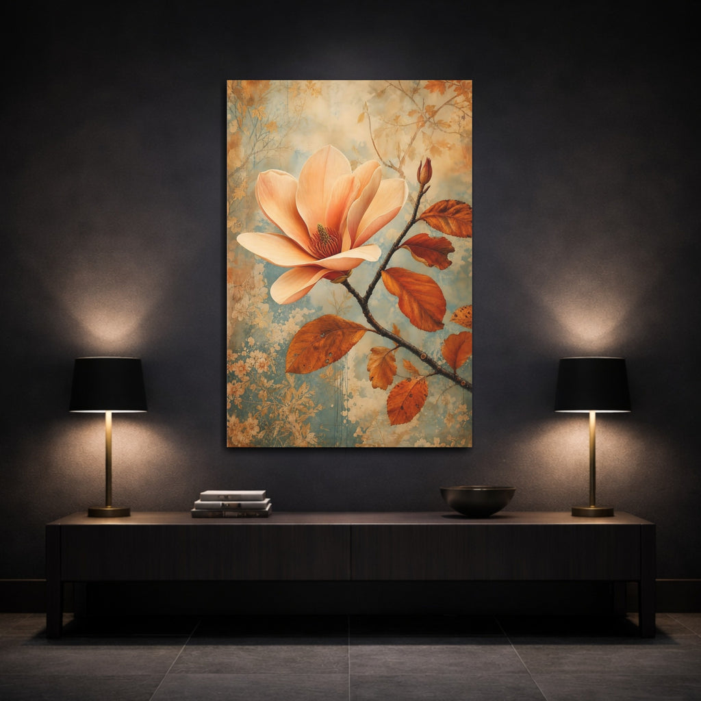 Mockup 3. Floral Magnolia Flower Peach And Blue shown as stretched canvas wall art