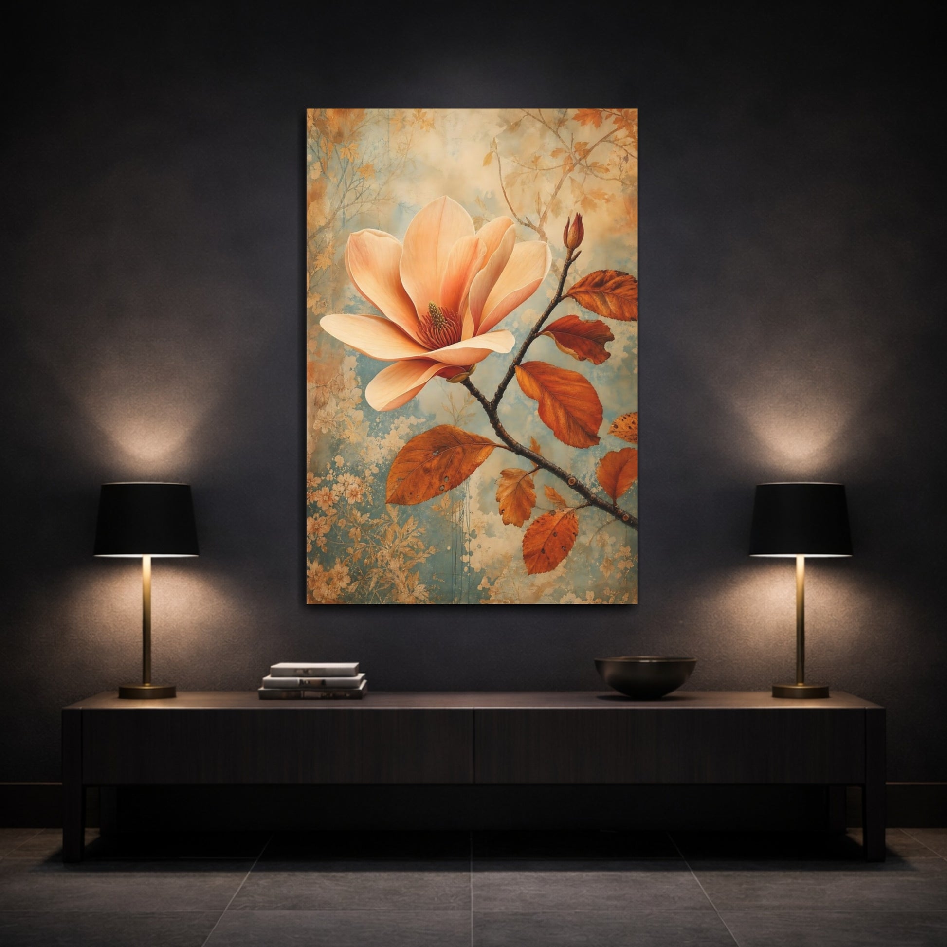 Mockup 3. Floral Magnolia Flower Peach And Blue shown as stretched canvas wall art
