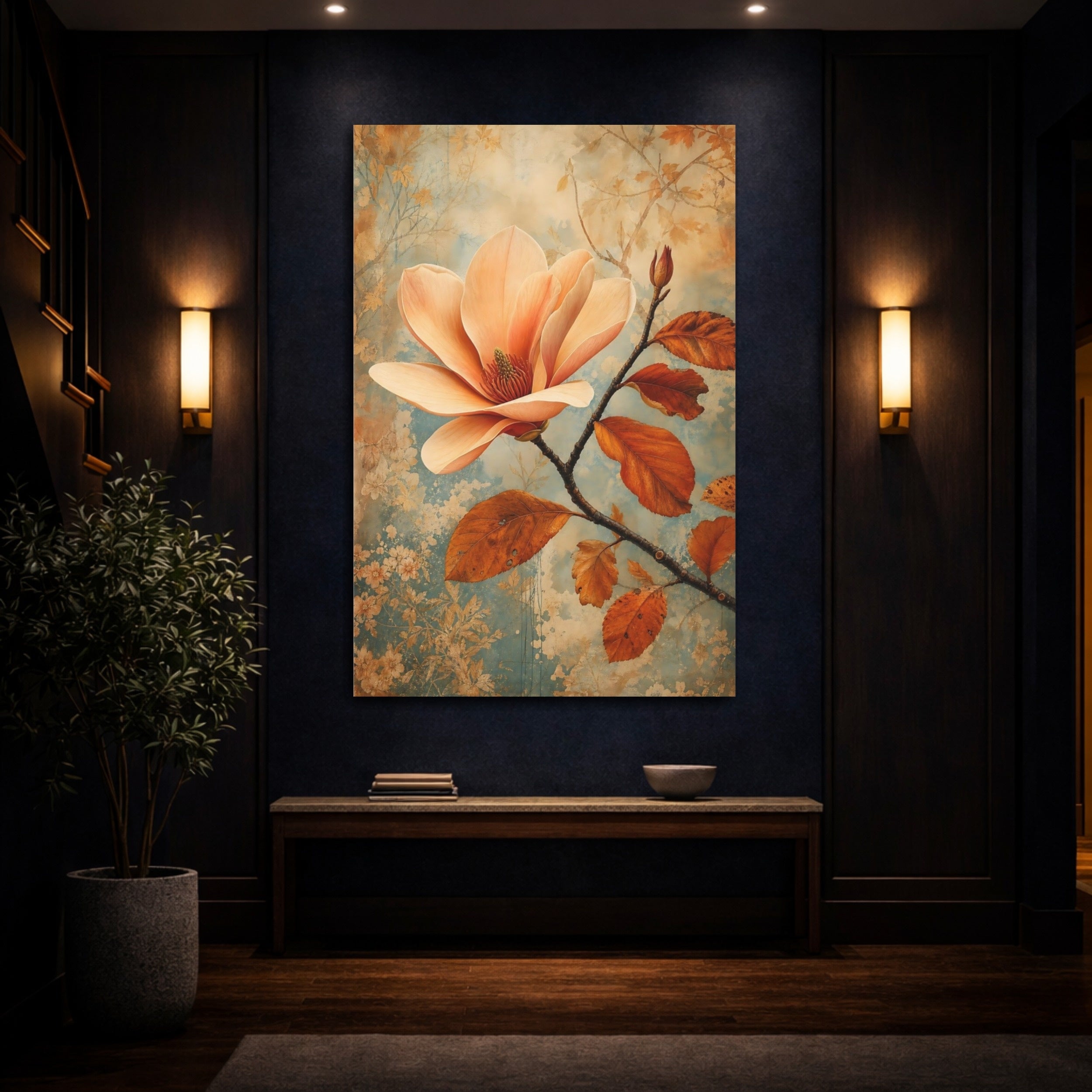 Mockup 4. Floral Magnolia Flower Peach And Blue shown as stretched canvas wall art