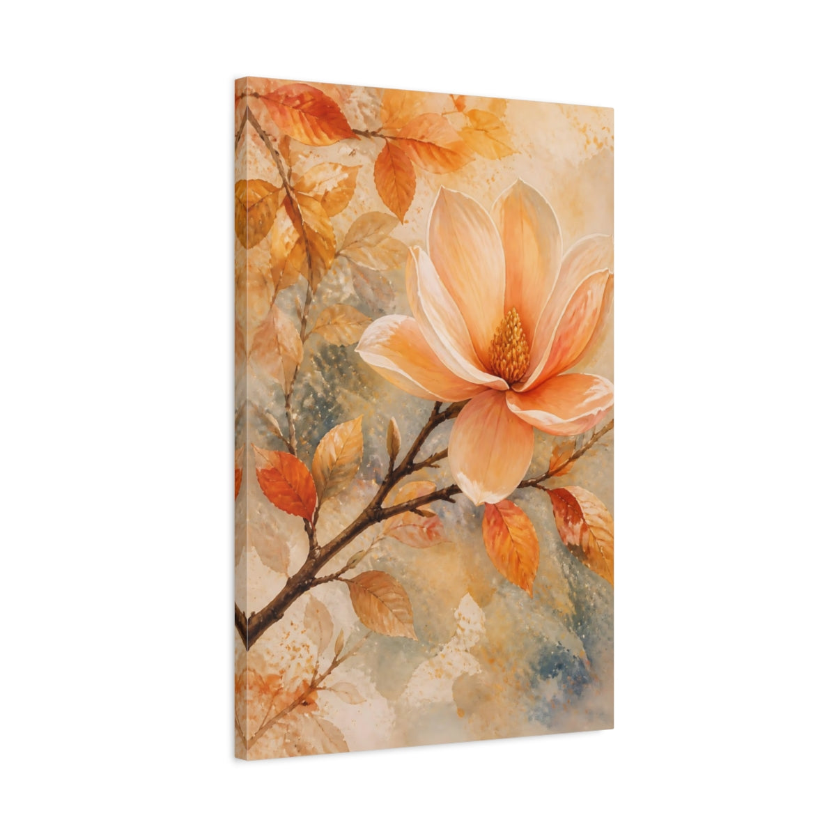 Side Mockup 2. Floral Magnolia Flower Peach Floral shown as stretched canvas wall art
