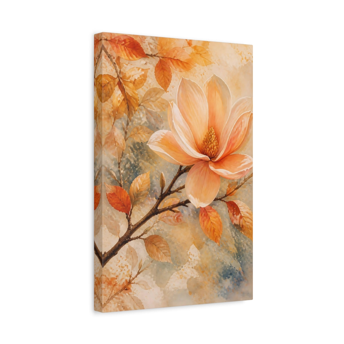 Side Mockup 4. Floral Magnolia Flower Peach Floral shown as stretched canvas wall art