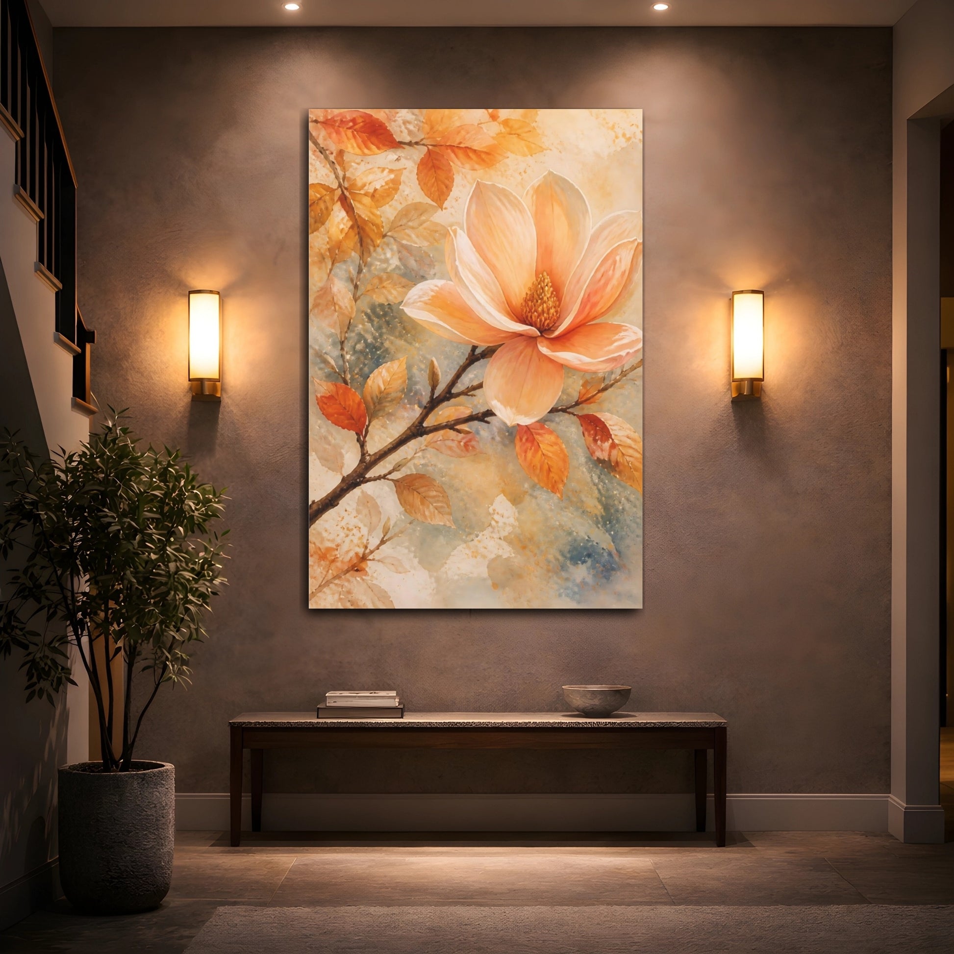 Mockup 2. Floral Magnolia Flower Peach Floral shown as stretched canvas wall art