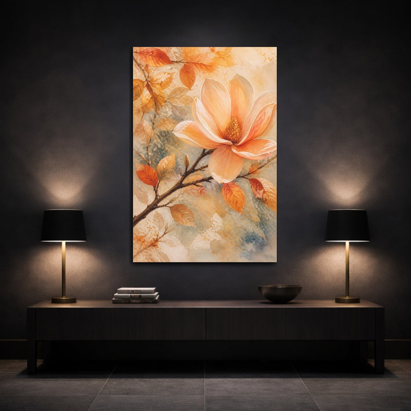 Mockup 3. Floral Magnolia Flower Peach Floral shown as stretched canvas wall art