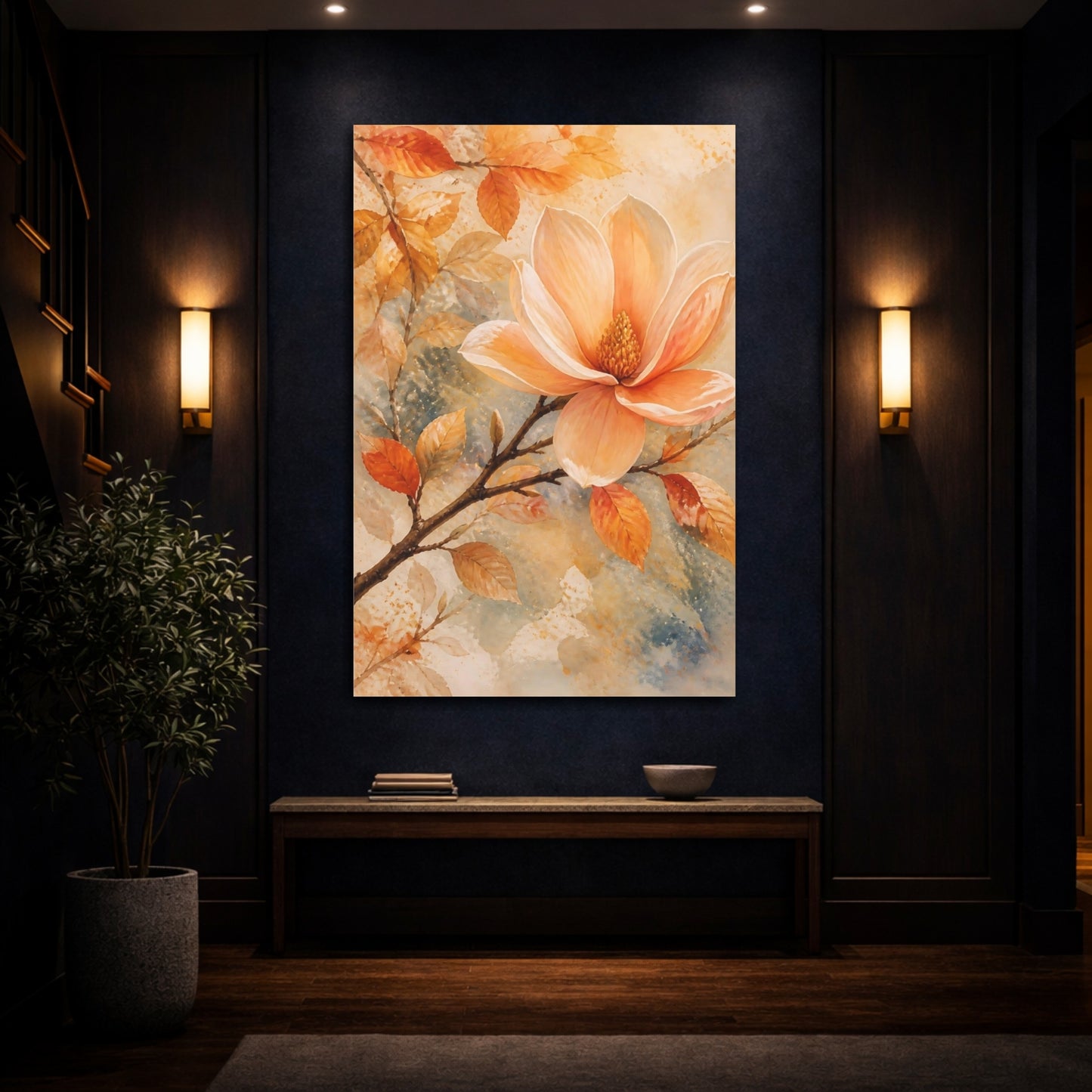 Mockup 4. Floral Magnolia Flower Peach Floral shown as stretched canvas wall art