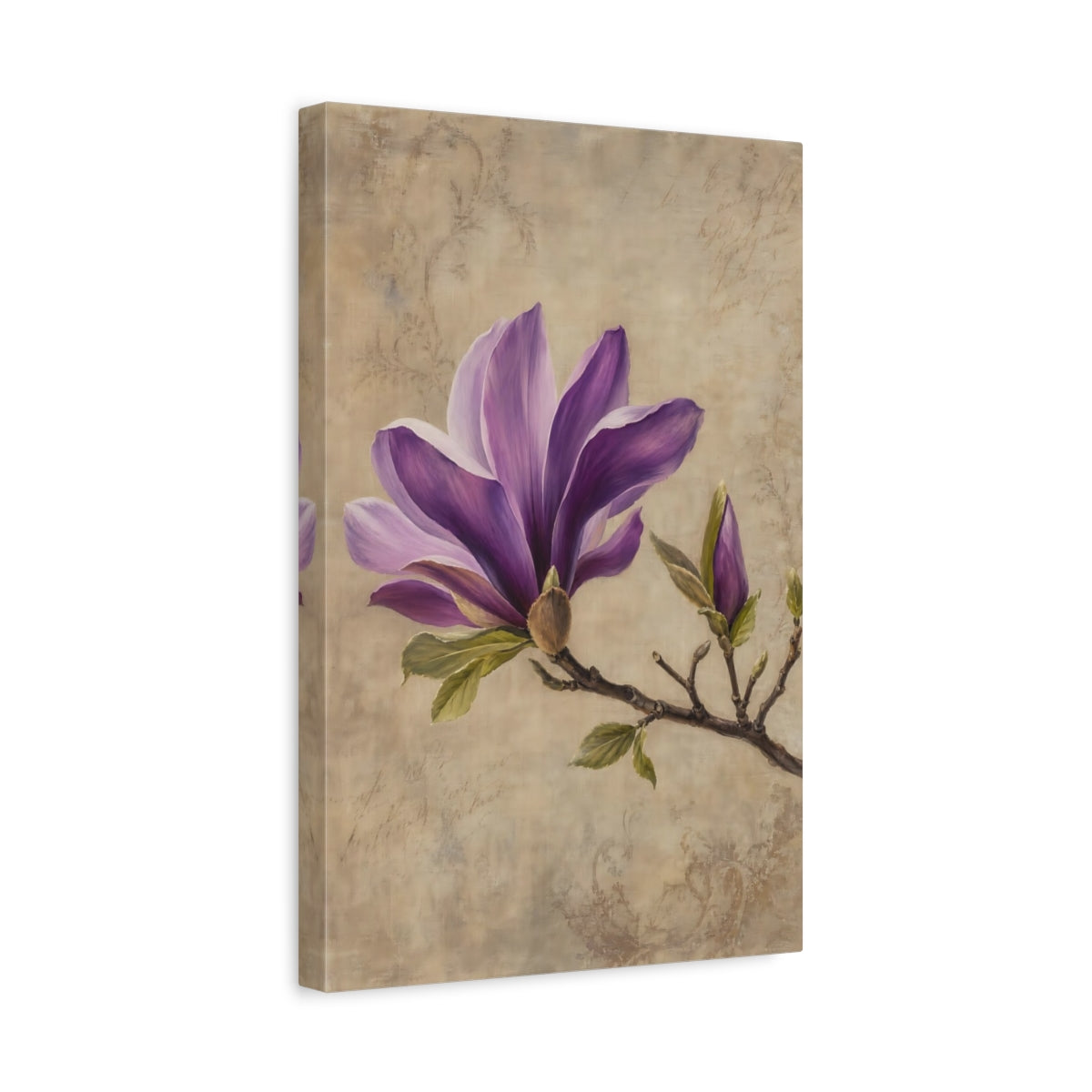 Side Mockup 4. Floral Magnolia Flower Purple Magnolia shown as stretched canvas wall art