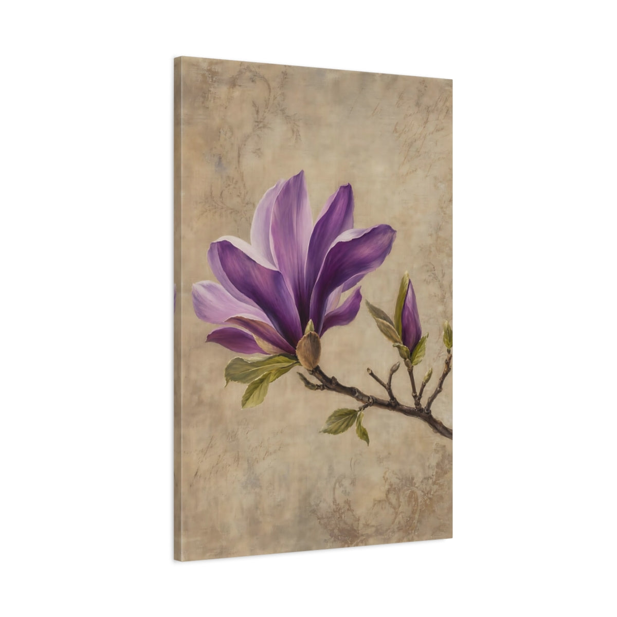 Main Mockup. Floral Magnolia Flower Purple Magnolia shown as stretched canvas wall art