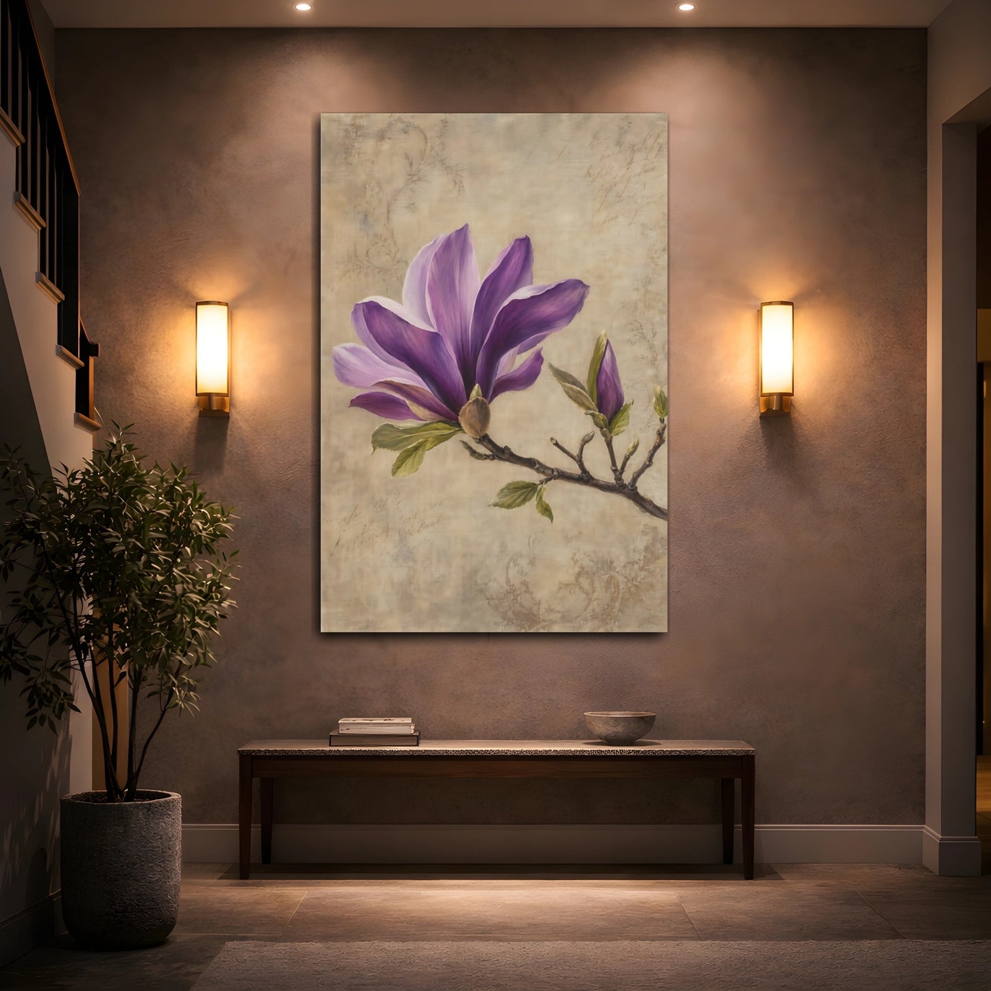 Mockup 2. Floral Magnolia Flower Purple Magnolia shown as stretched canvas wall art