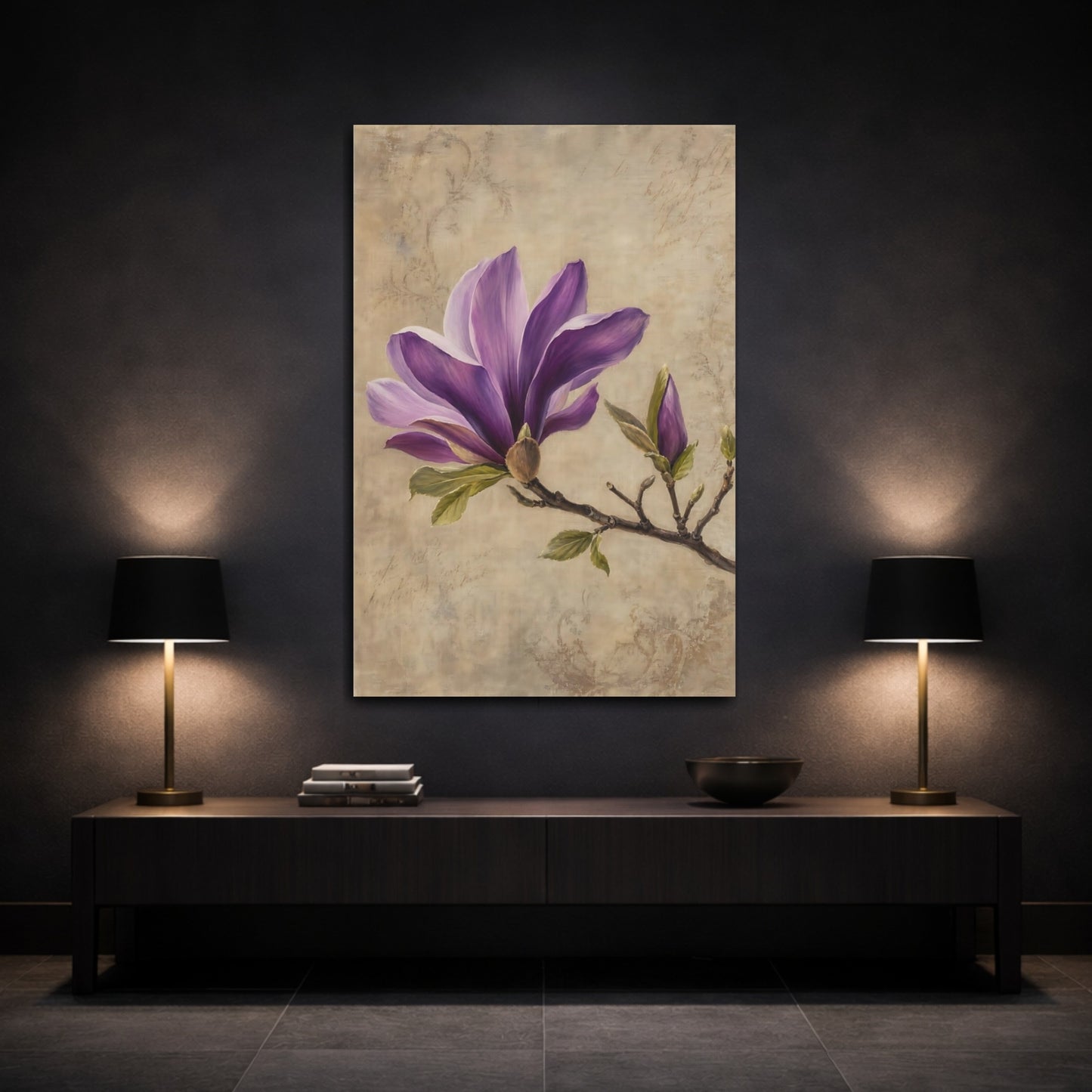 Mockup 3. Floral Magnolia Flower Purple Magnolia shown as stretched canvas wall art