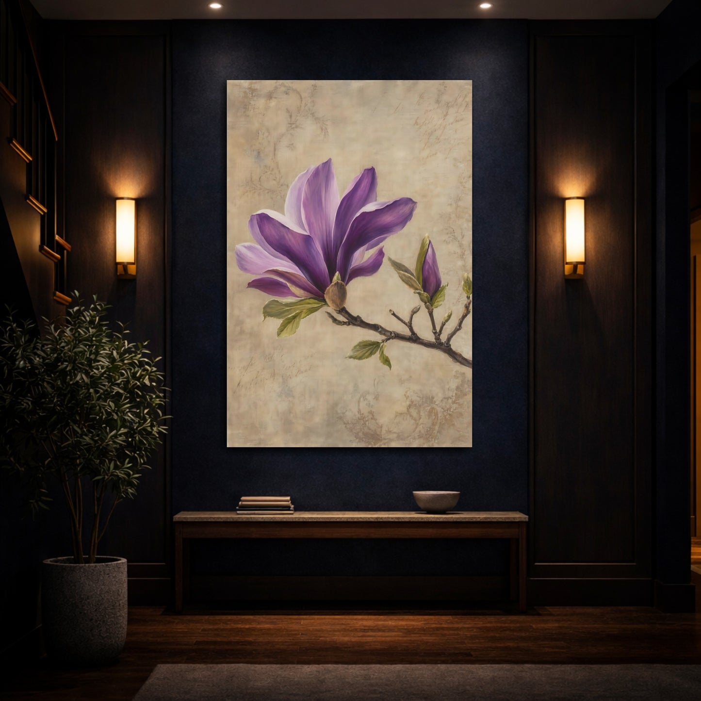 Mockup 4. Floral Magnolia Flower Purple Magnolia shown as stretched canvas wall art