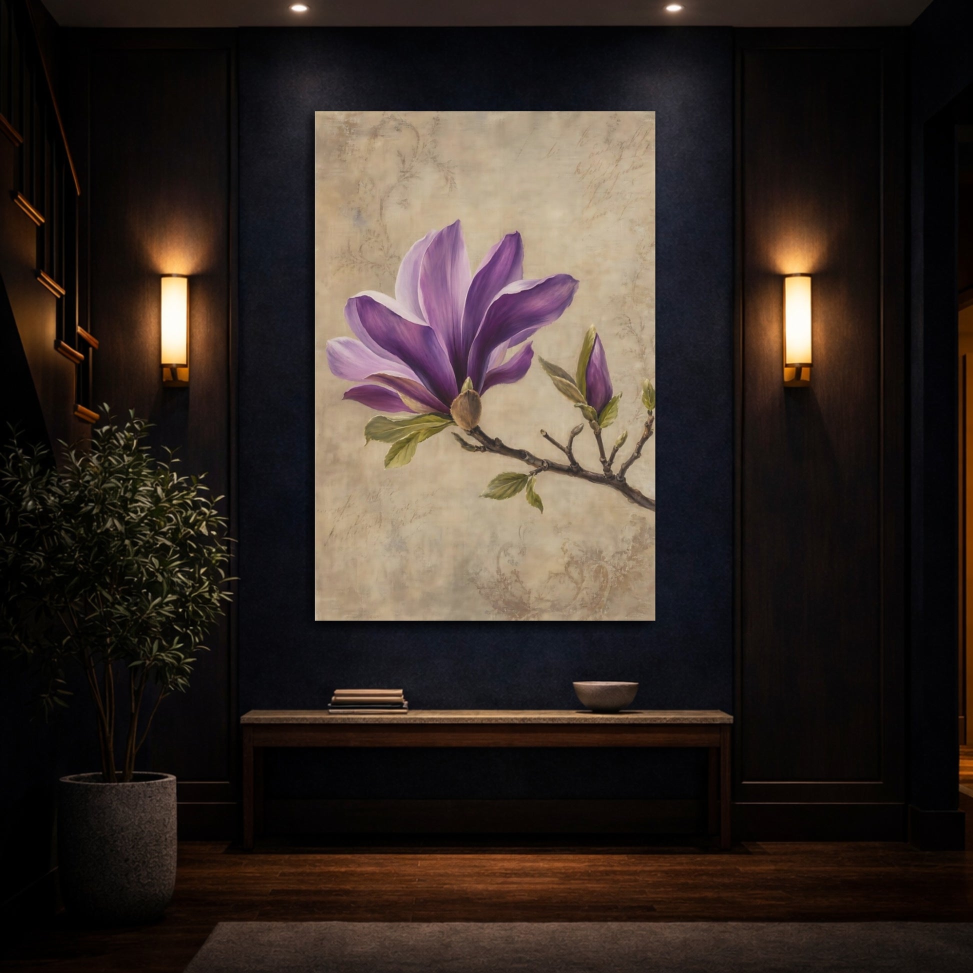 Mockup 4. Floral Magnolia Flower Purple Magnolia shown as stretched canvas wall art