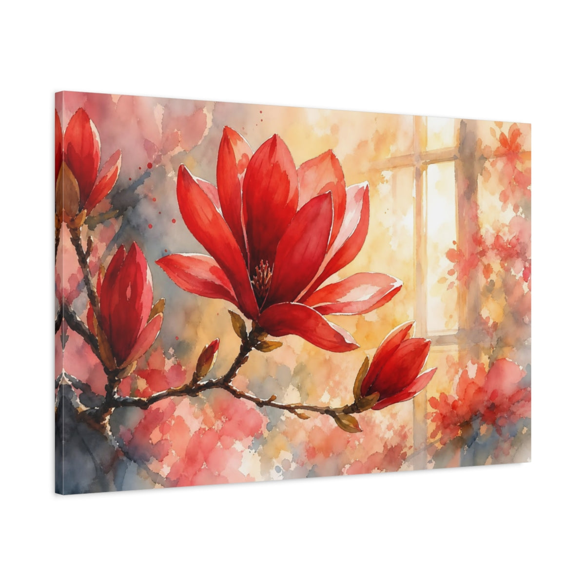 Main Mockup. Floral Magnolia Flower Red Floral Watercolor shown as stretched canvas wall art