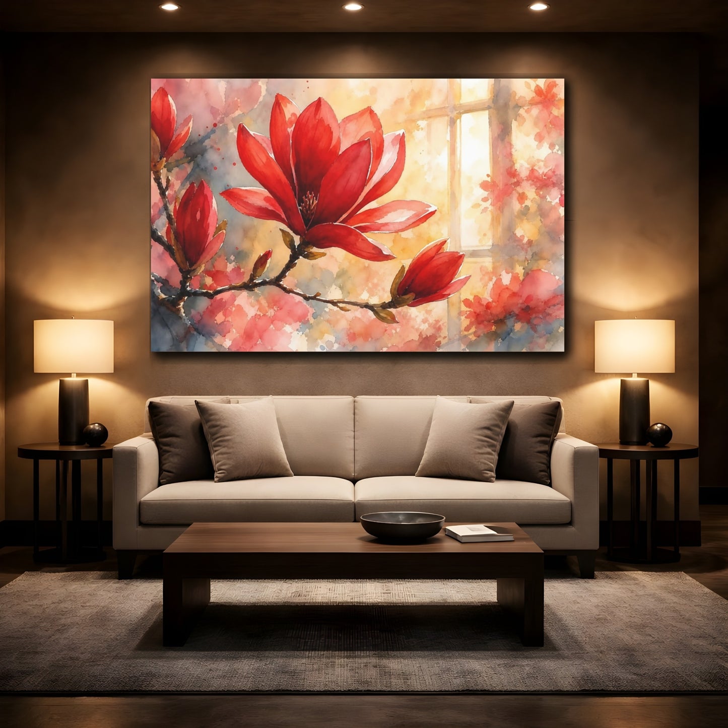 Mockup 2. Floral Magnolia Flower Red Floral Watercolor shown as stretched canvas wall art