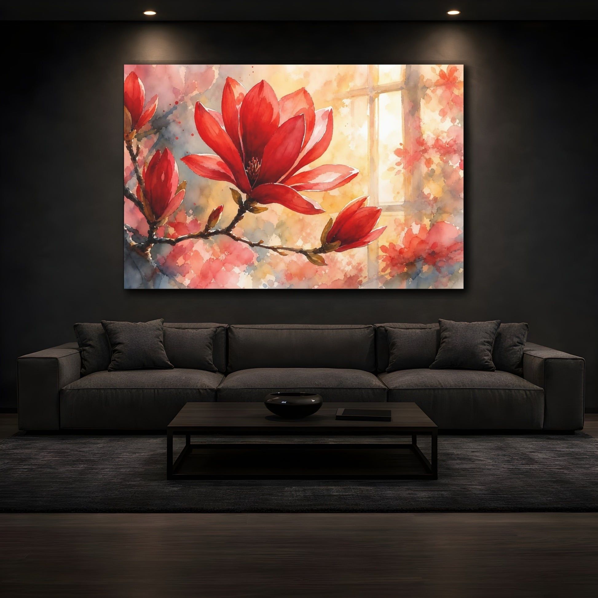 Mockup 3. Floral Magnolia Flower Red Floral Watercolor shown as stretched canvas wall art