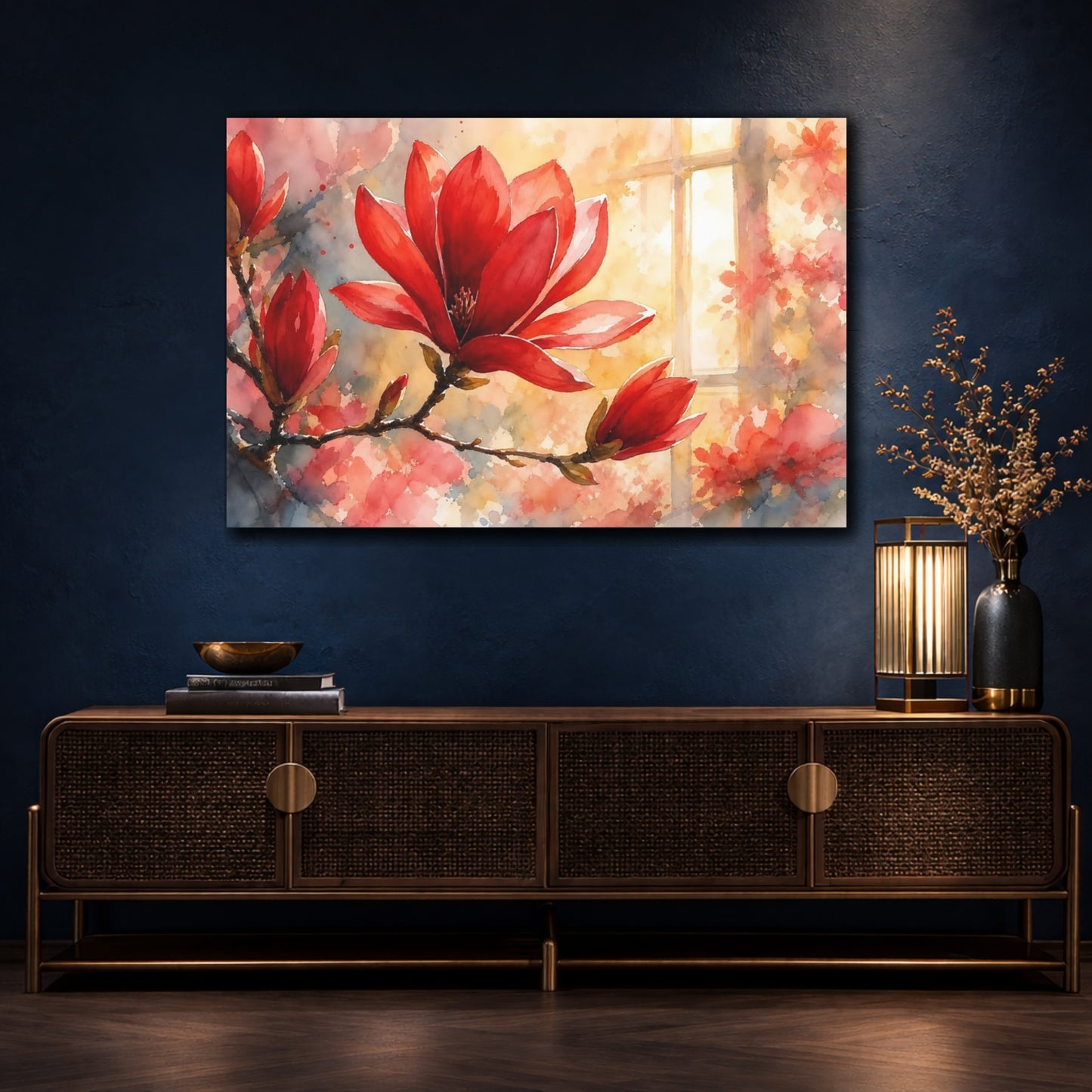 Mockup 4. Floral Magnolia Flower Red Floral Watercolor shown as stretched canvas wall art