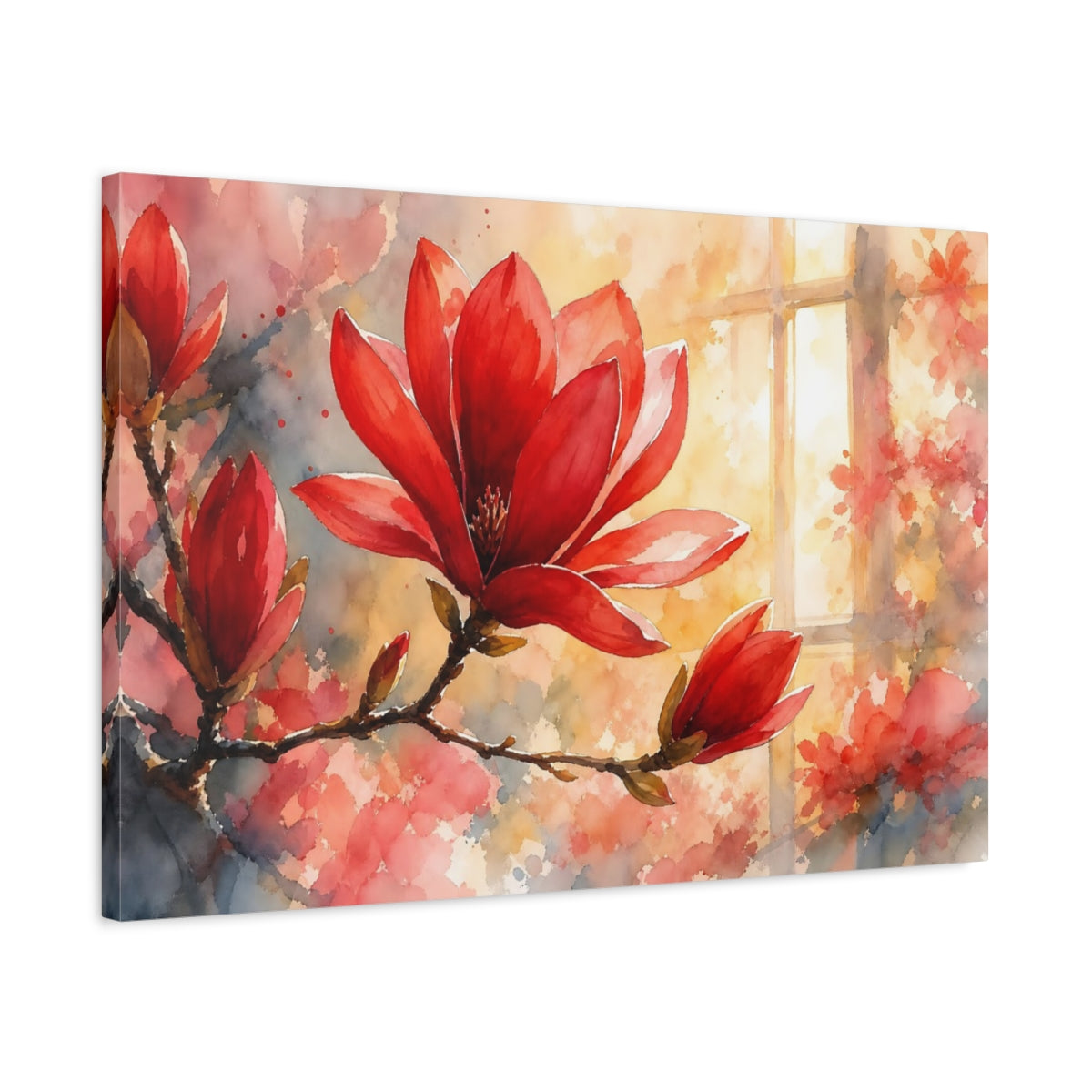 Side Mockup 2. Floral Magnolia Flower Red Floral Watercolor shown as stretched canvas wall art