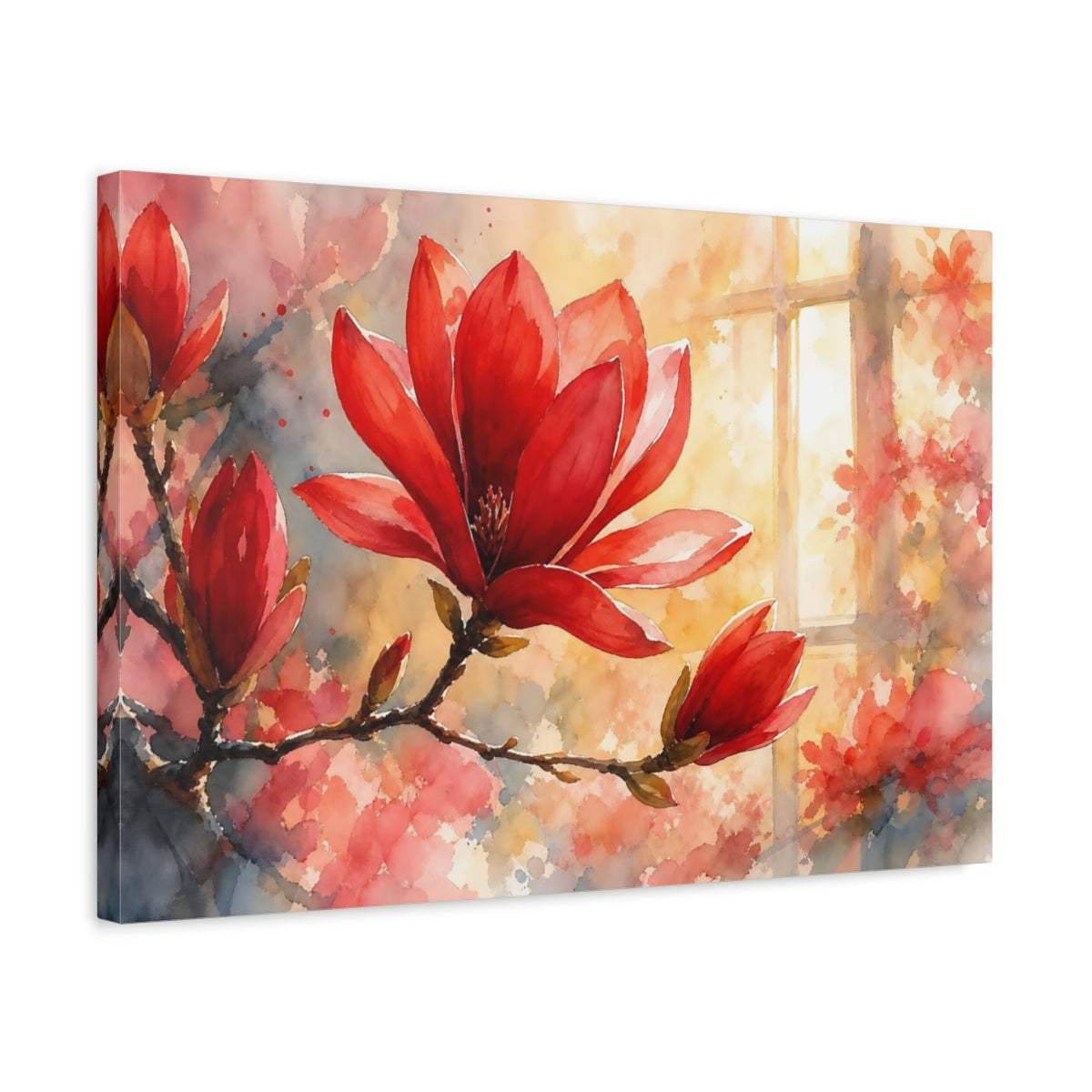 Side Mockup 3. Floral Magnolia Flower Red Floral Watercolor shown as stretched canvas wall art
