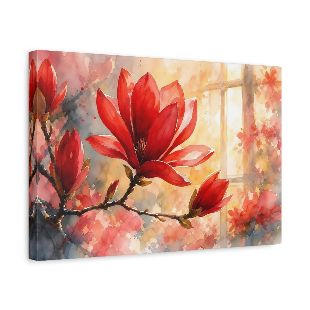 Side Mockup 4. Floral Magnolia Flower Red Floral Watercolor shown as stretched canvas wall art