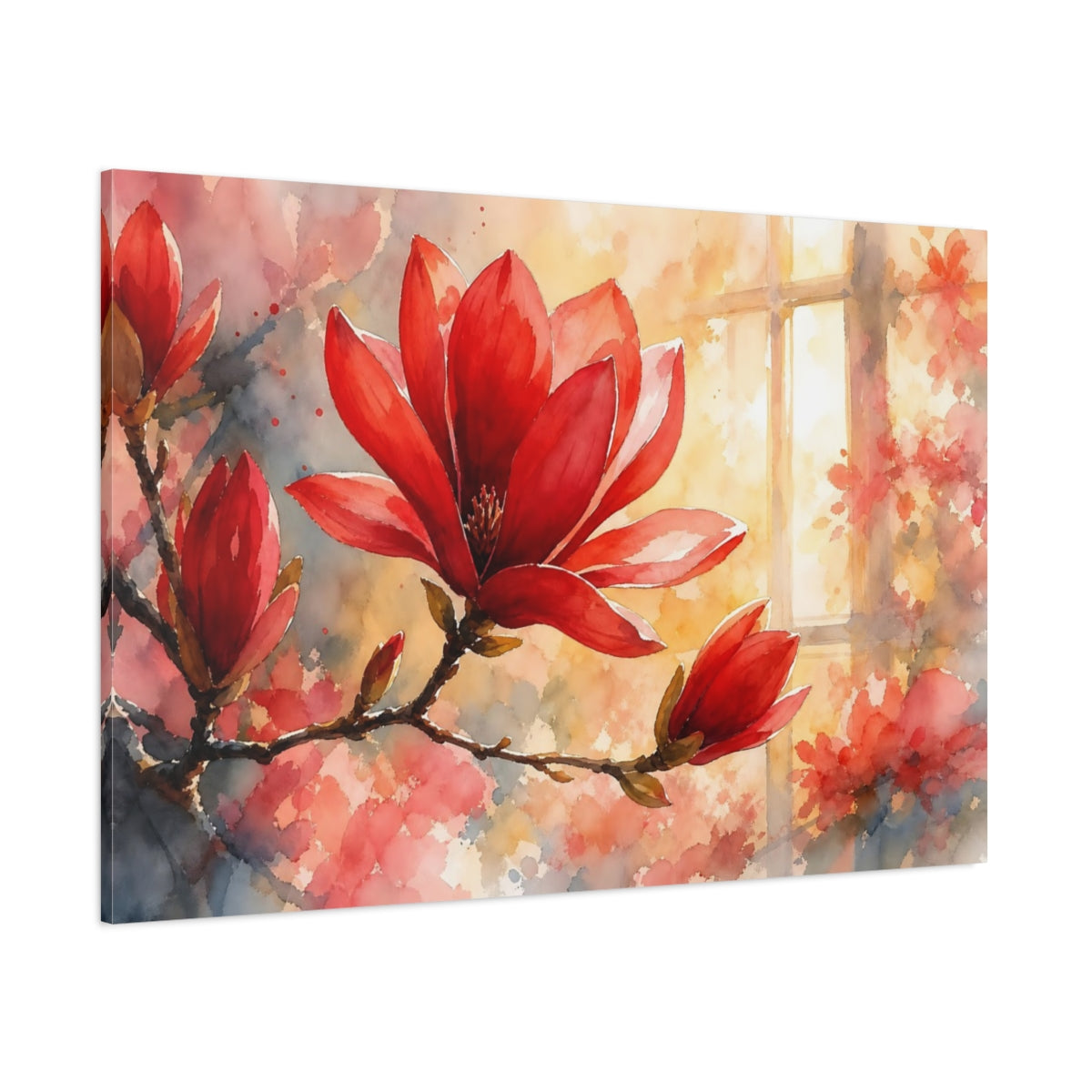 Side Mockup 1. Floral Magnolia Flower Red Floral Watercolor shown as stretched canvas wall art