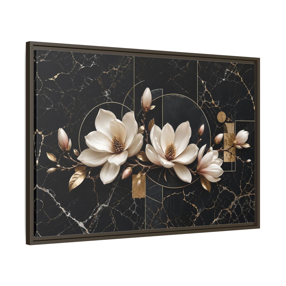 Main Mockup. Floral Magnolia Flowers Black And Gold shown as stretched canvas wall art