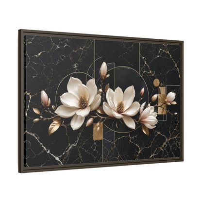 Main Mockup. Floral Magnolia Flowers Black And Gold shown as stretched canvas wall art