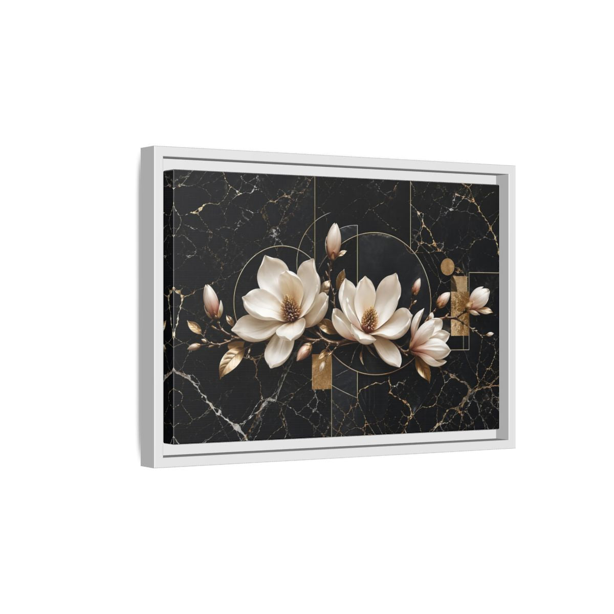 Side Mockup 4. Floral Magnolia Flowers Black And Gold shown as stretched canvas wall art
