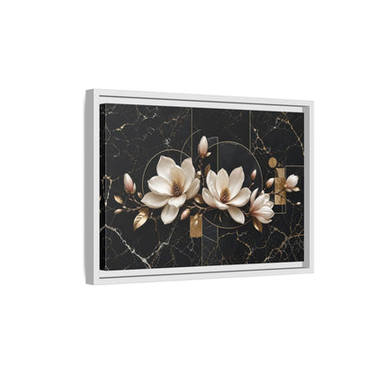 Side Mockup 4. Floral Magnolia Flowers Black And Gold shown as stretched canvas wall art