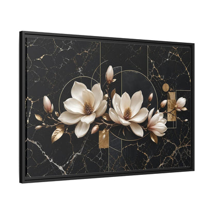 Side Mockup 13. Floral Magnolia Flowers Black And Gold shown as stretched canvas wall art
