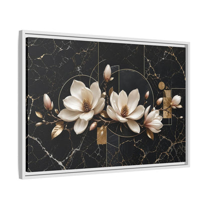 Side Mockup 10. Floral Magnolia Flowers Black And Gold shown as stretched canvas wall art