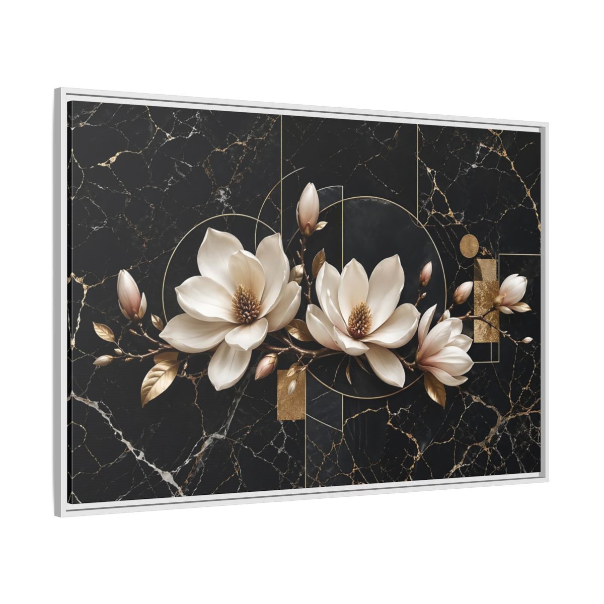 Side Mockup 7. Floral Magnolia Flowers Black And Gold shown as stretched canvas wall art