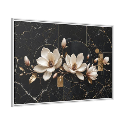 Side Mockup 7. Floral Magnolia Flowers Black And Gold shown as stretched canvas wall art