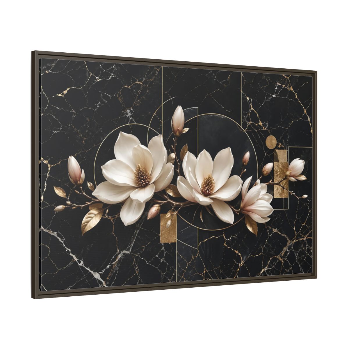 Side Mockup 8. Floral Magnolia Flowers Black And Gold shown as stretched canvas wall art