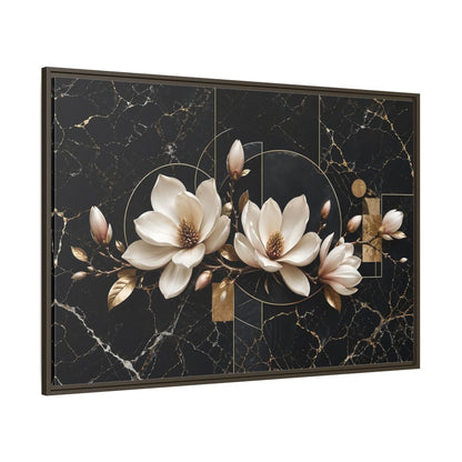 Side Mockup 8. Floral Magnolia Flowers Black And Gold shown as stretched canvas wall art