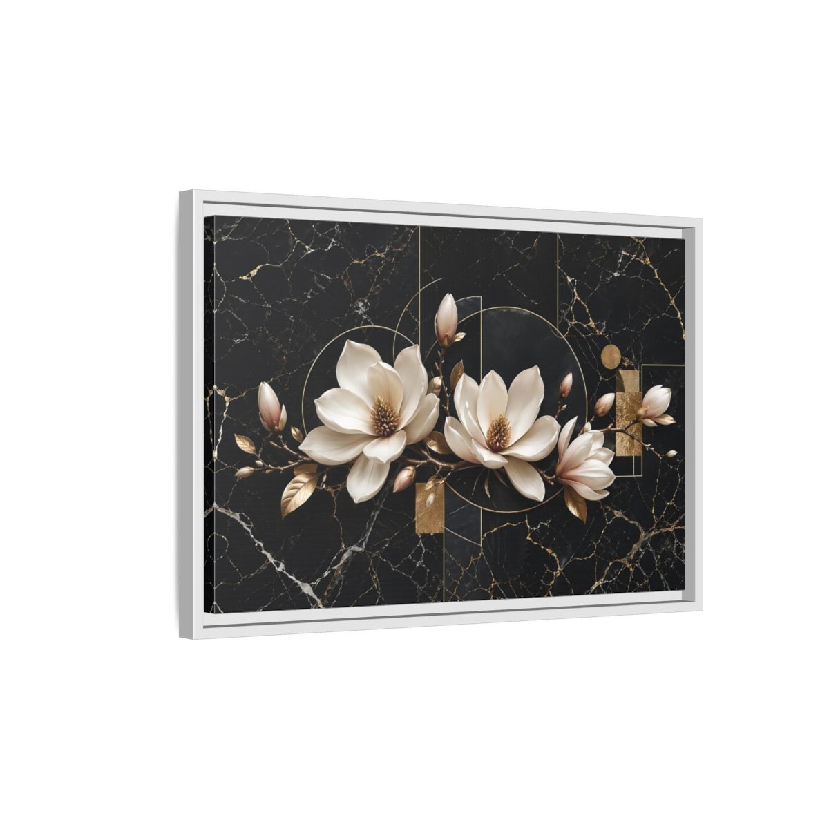 Side Mockup 1. Floral Magnolia Flowers Black And Gold shown as stretched canvas wall art