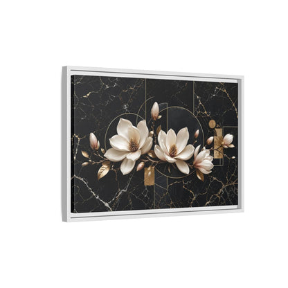 Side Mockup 1. Floral Magnolia Flowers Black And Gold shown as stretched canvas wall art