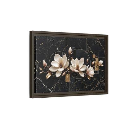 Side Mockup 5. Floral Magnolia Flowers Black And Gold shown as stretched canvas wall art