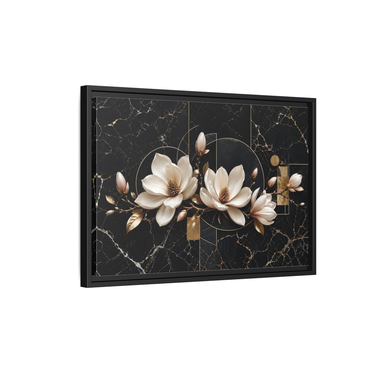 Side Mockup 3. Floral Magnolia Flowers Black And Gold shown as stretched canvas wall art