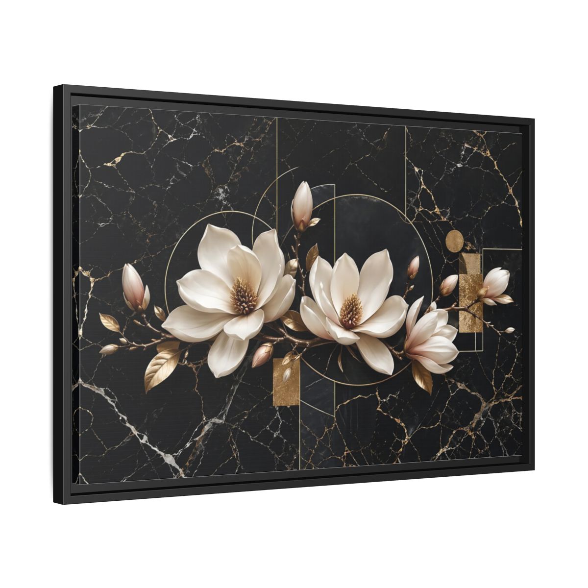 Side Mockup 14. Floral Magnolia Flowers Black And Gold shown as stretched canvas wall art