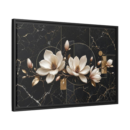 Side Mockup 14. Floral Magnolia Flowers Black And Gold shown as stretched canvas wall art