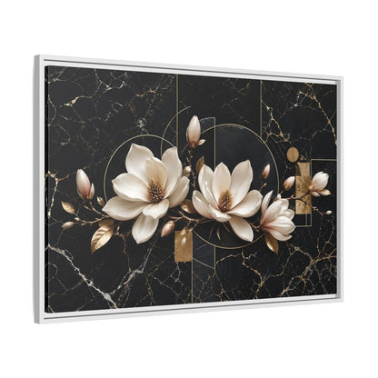 Side Mockup 9. Floral Magnolia Flowers Black And Gold shown as stretched canvas wall art