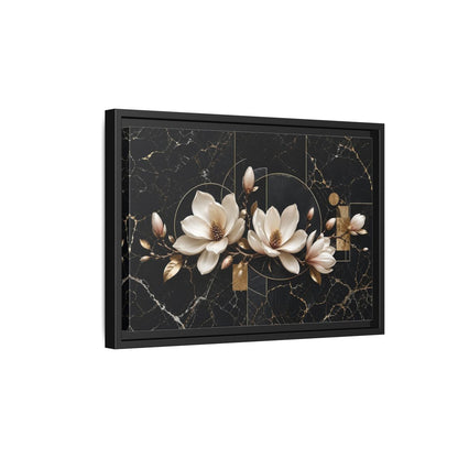 Side Mockup 6. Floral Magnolia Flowers Black And Gold shown as stretched canvas wall art