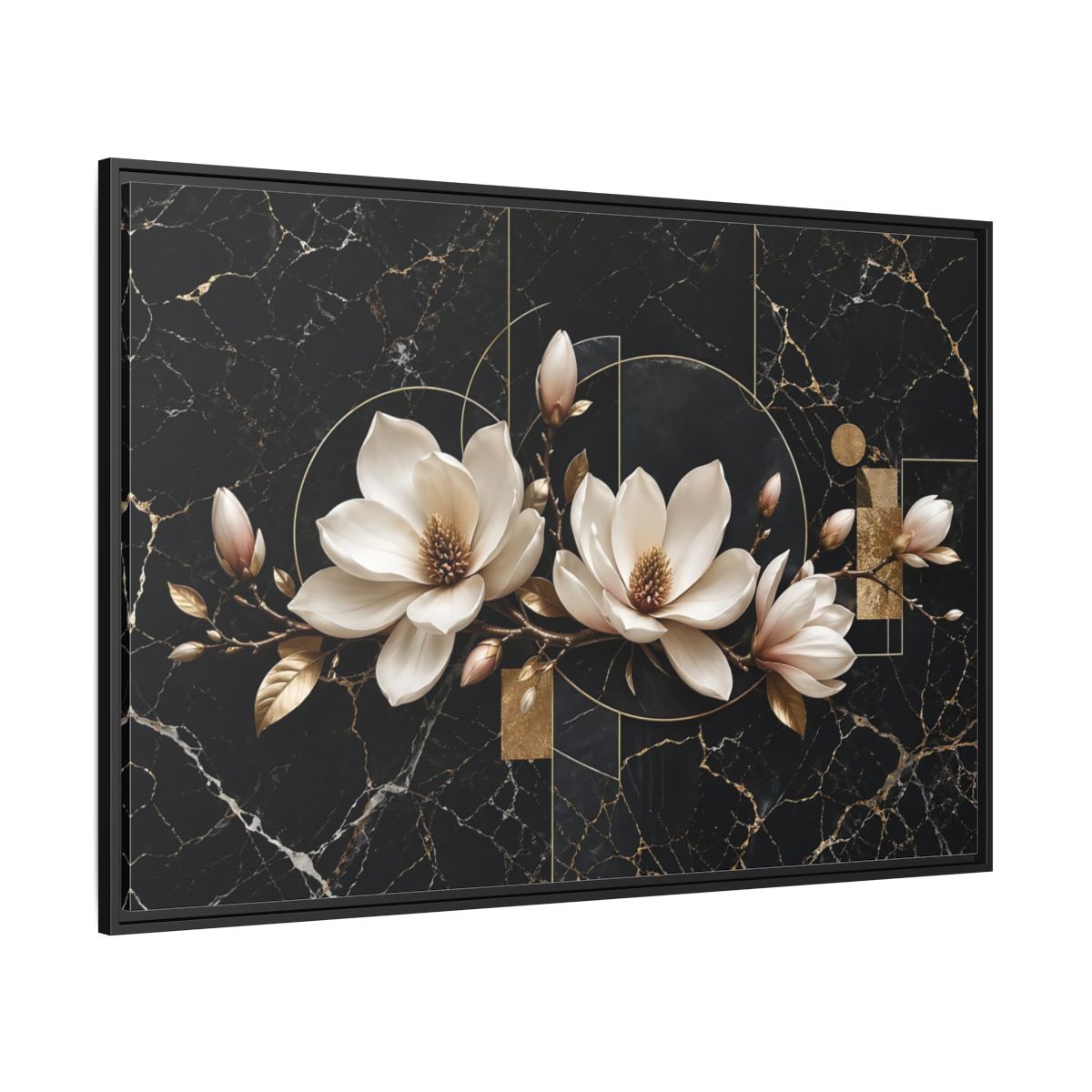 Side Mockup 12. Floral Magnolia Flowers Black And Gold shown as stretched canvas wall art