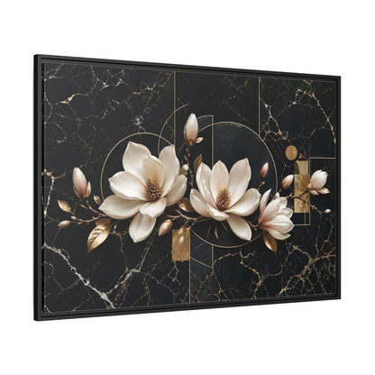 Side Mockup 12. Floral Magnolia Flowers Black And Gold shown as stretched canvas wall art