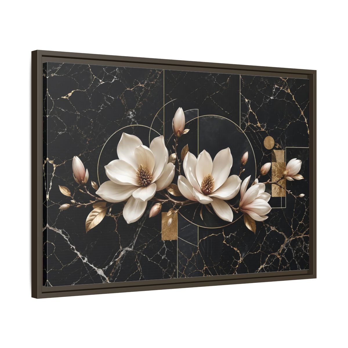 Side Mockup 11. Floral Magnolia Flowers Black And Gold shown as stretched canvas wall art
