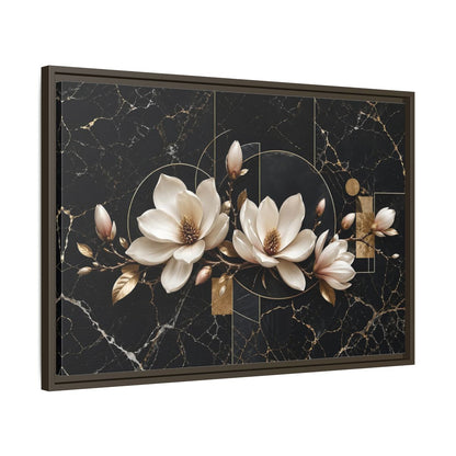 Side Mockup 11. Floral Magnolia Flowers Black And Gold shown as stretched canvas wall art