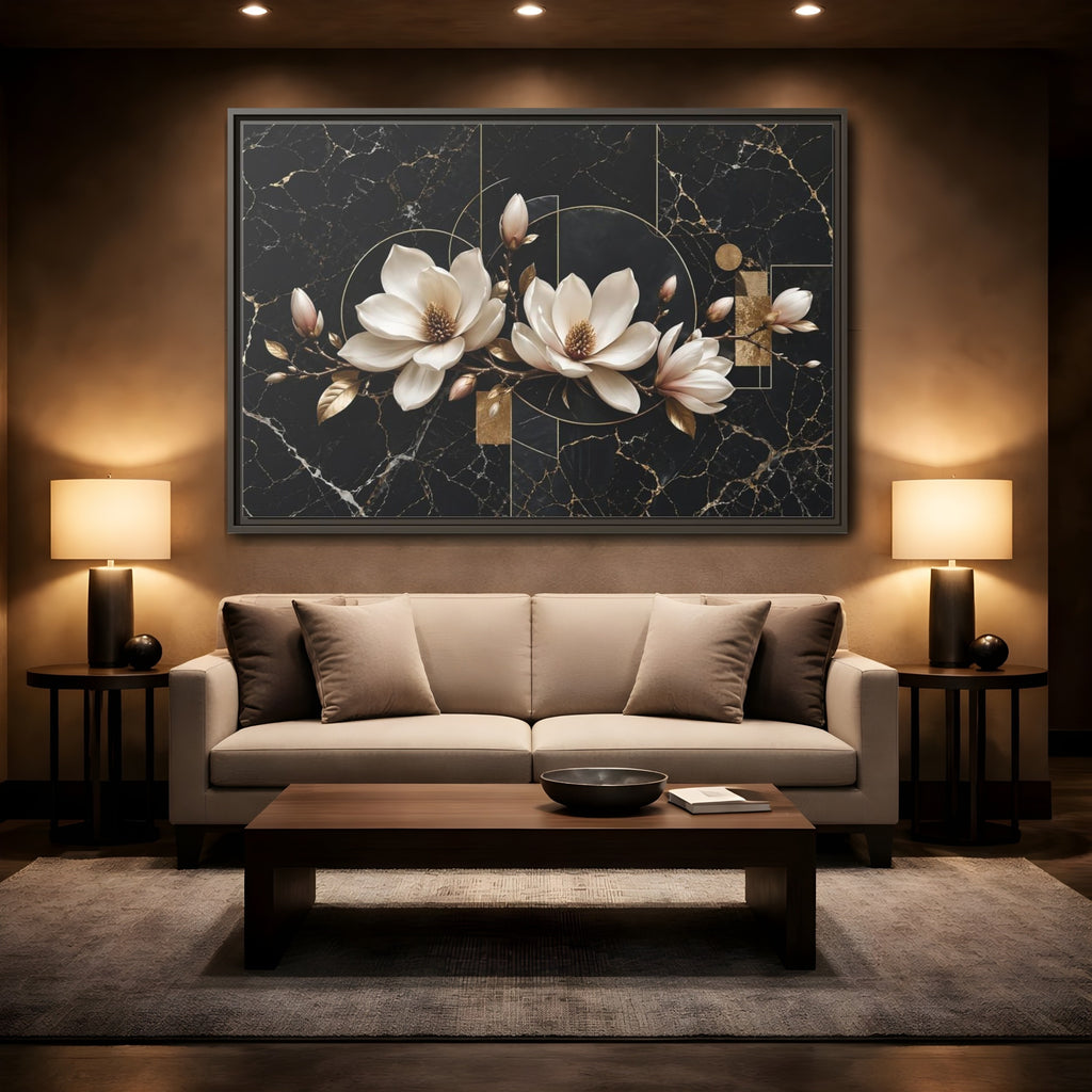 Mockup 2. Floral Magnolia Flowers Black And Gold shown as stretched canvas wall art