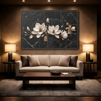 Mockup 2. Floral Magnolia Flowers Black And Gold shown as stretched canvas wall art